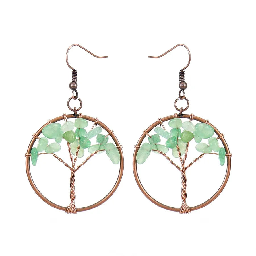 1 pair ethnic style pastoral tree hollow out natural stone copper drop earrings