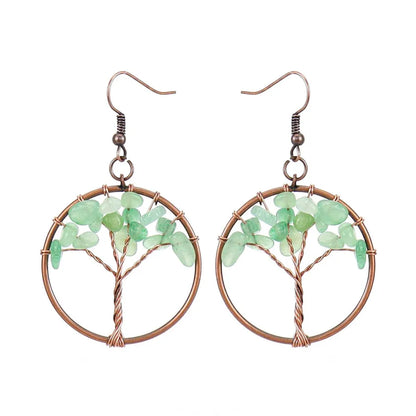 1 pair ethnic style pastoral tree hollow out natural stone copper drop earrings