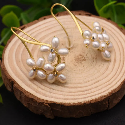 1 Pair 18K Gold Plated Freshwater Pearl Copper Zircon Flower Drop Earrings