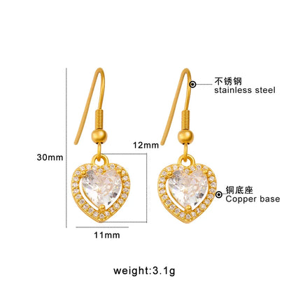 1 Pair Elegant Luxurious Oval Heart Shape Inlay 304 Stainless Steel Copper Zircon 18K Gold Plated Drop Earrings