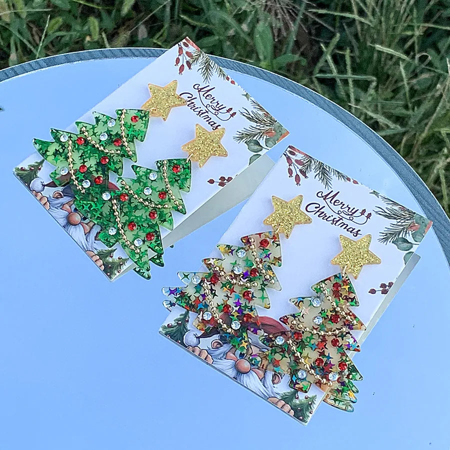1 Pair Cute Simple Style Christmas Tree Inlay Arylic Rhinestones Drop Earrings