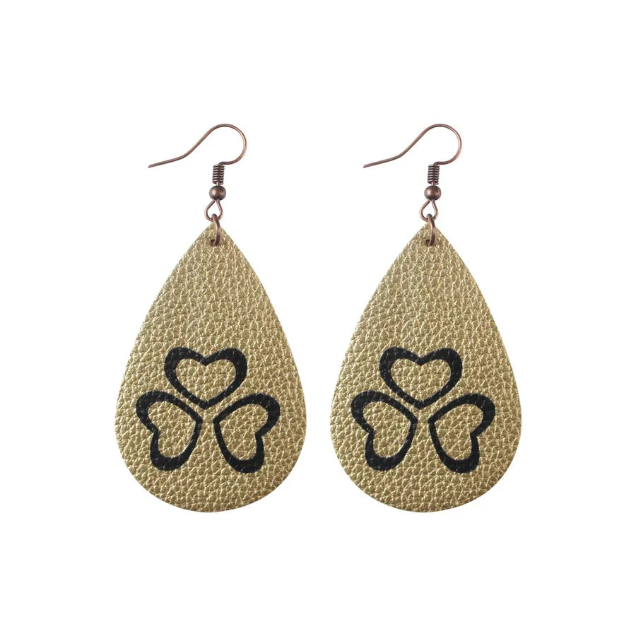 1 pair fashion four leaf clover water droplets pu leather st. patrick women's drop earrings