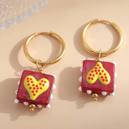 1 Pair Casual Cute Sweet Square Heart Shape Enamel Plating 304 Stainless Steel 18K Gold Plated Drop Earrings Earrings