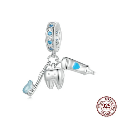 1 Piece 25 * 22mm Hole 4~4.9mm 925 Sterling Silver Zircon White Gold Plated Toothbrush Toothpaste Polished Pendant Jewelry Accessories