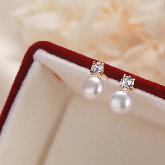 1 Pair 925 Sterling Silver Freshwater Pearl Zircon Round Ear Studs