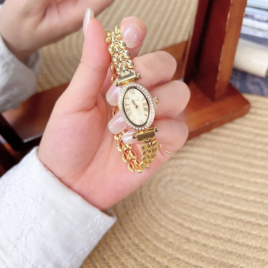 Fashionable Waterproof Quartz Women's Watch Mini Elliptical Dial Diamond Embedded Gold Hand Chain Stainless Steel Strap