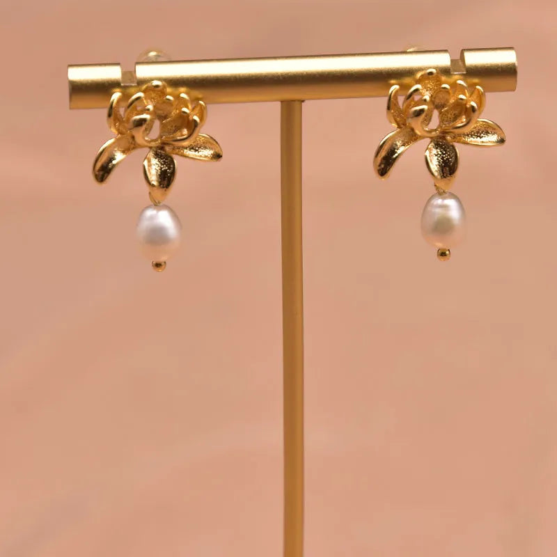 1 Pair Freshwater Pearl Zircon Freshwater pearl earrings Round Drop Earrings