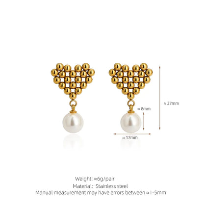 1 Pair Classical Romantic Commute Heart Shape Rhombus Beaded 304 Stainless Steel 18K Gold Plated Drop Earrings