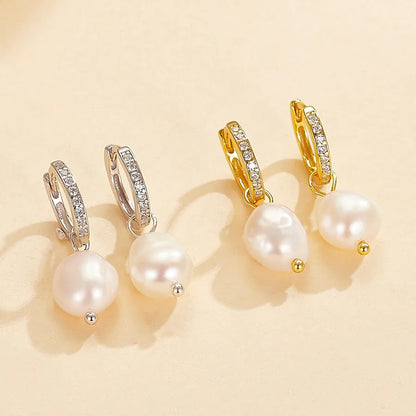 1 Pair Simple Style Classic Style Pearl Plating Inlay 925 Sterling Silver Freshwater Pearl Freshwater Pearl Pearl Zircon White Gold Plated Gold Plated Drop Earrings