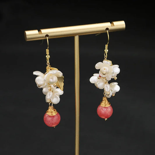 1 Pair 925 Sterling Silver Freshwater Pearl Flower Drop Earrings