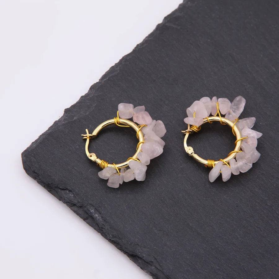 1 pair ethnic style bohemian tropical solid color handmade plating natural stone copper 18k gold plated hoop earrings