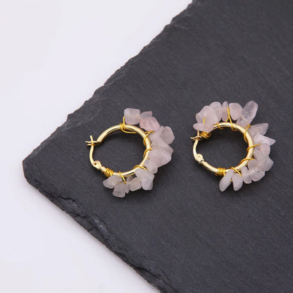 1 pair ethnic style bohemian tropical solid color handmade plating natural stone copper 18k gold plated hoop earrings