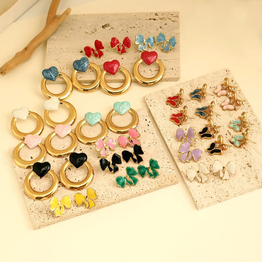 1 Pair Elegant French Style Sweet Heart Shape Bow Knot 304 Stainless Steel Ear Studs