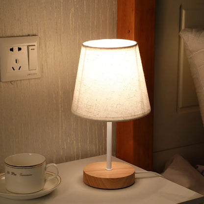 Nordic Style Solid Wood Fabric Decorative Table Lamp Bedroom Bedside Lamp Simple Remote Control Night Light Energy Saving Led