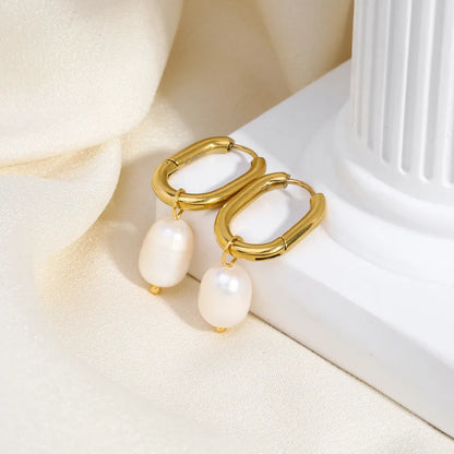 1 Pair Elegant U Shape 201 Stainless Steel Freshwater Pearl 18K Gold Plated Drop Earrings