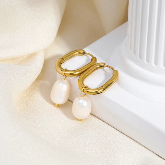 1 Pair Elegant U Shape 201 Stainless Steel Freshwater Pearl 18K Gold Plated Drop Earrings