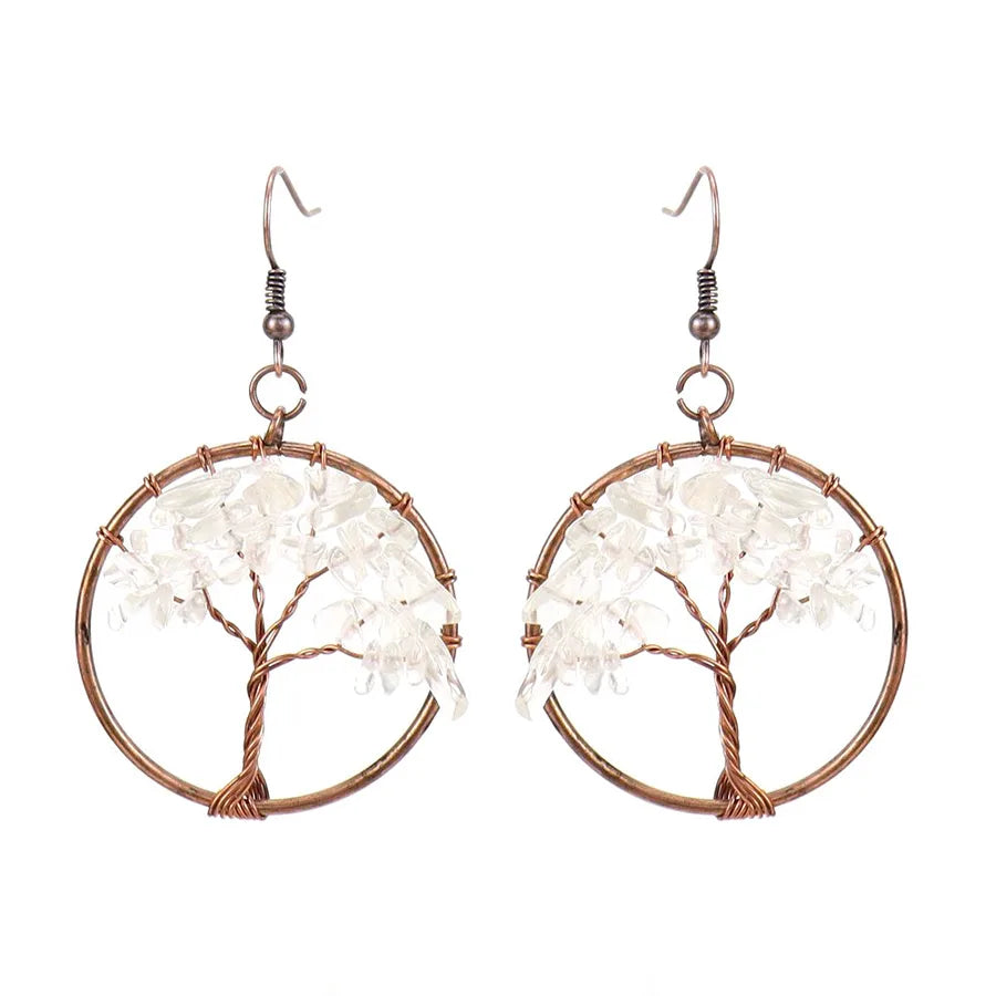 1 pair ethnic style pastoral tree hollow out natural stone copper drop earrings