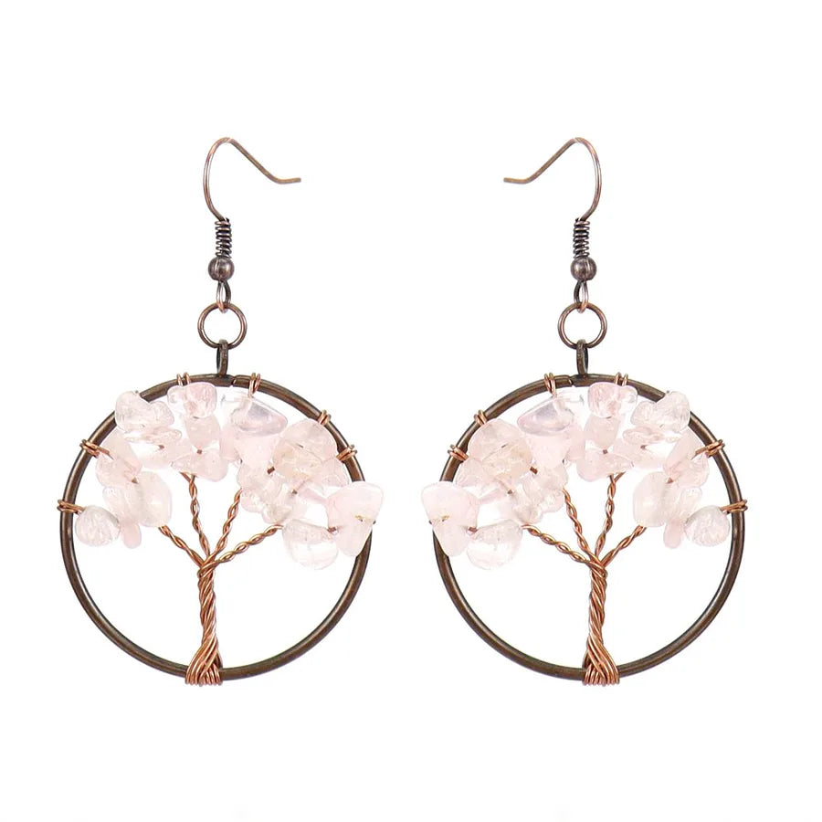 1 pair ethnic style pastoral tree hollow out natural stone copper drop earrings
