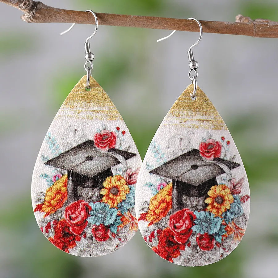 1 Pair Retro Doctoral cap Flower Pu Leather Drop Earrings