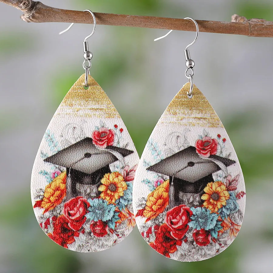 1 Pair Retro Doctoral cap Flower Pu Leather Drop Earrings