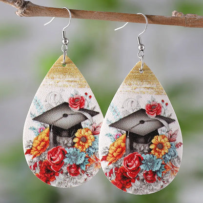 1 Pair Retro Doctoral cap Flower Pu Leather Drop Earrings