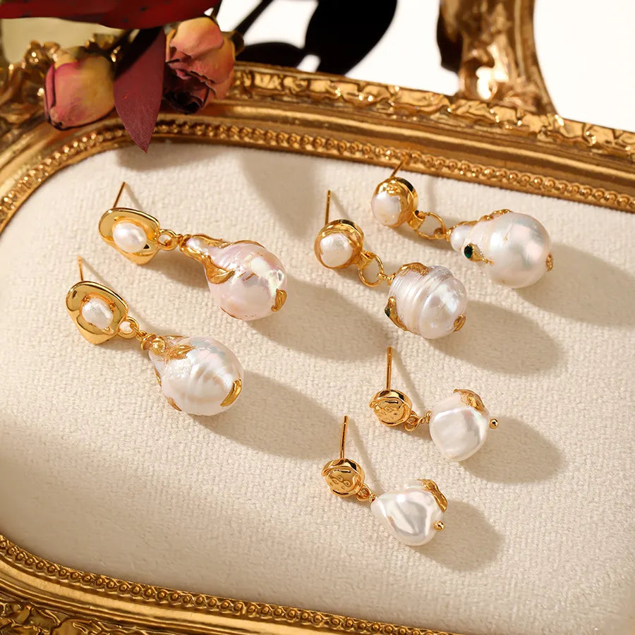 1 Pair Baroque Style Geometric Freshwater Pearl Copper 18K Gold Plated Drop Earrings
