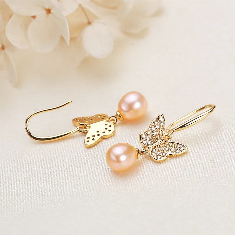 1 Pair 18K Gold Plated Freshwater Pearl Copper Zircon Freshwater pearl earrings Water Droplets Butterfly Drop Earrings