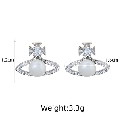 1 Pair Elegant Romantic Saturn Inlay Freshwater Pearl Copper Freshwater Pearl Zircon 18K Gold Plated Ear Studs