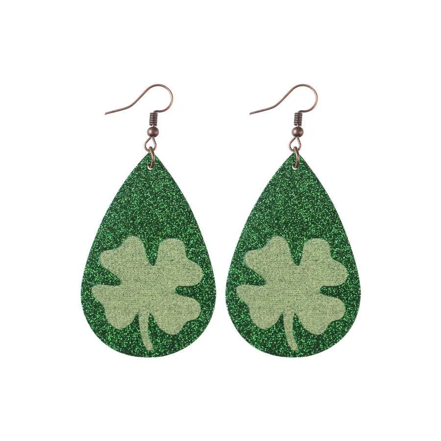 1 pair fashion four leaf clover water droplets pu leather st. patrick women's drop earrings