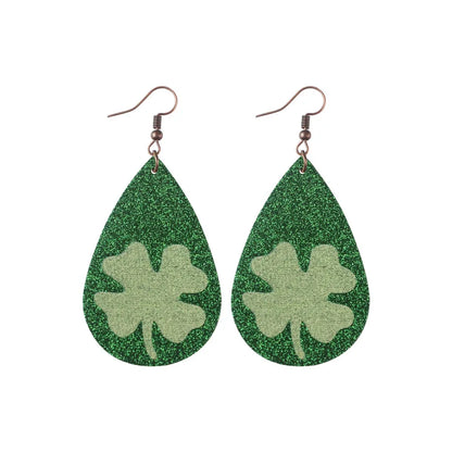 1 pair fashion four leaf clover water droplets pu leather st. patrick women's drop earrings