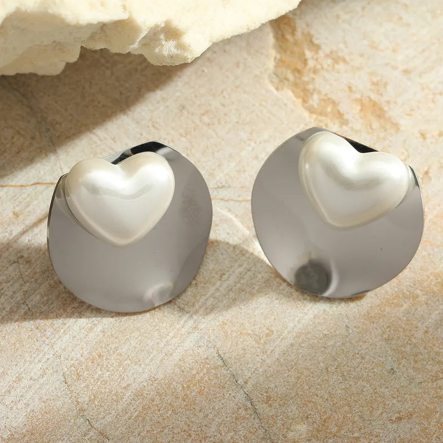1 Pair Cute Romantic Simple Style Irregular Geometric Heart Shape Plating Inlay 304 Stainless Steel Imitation Pearl 18K Gold Plated Ear Studs