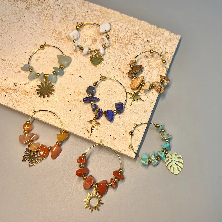 1 pair bohemian leaf sun butterfly stainless steel gravel earrings