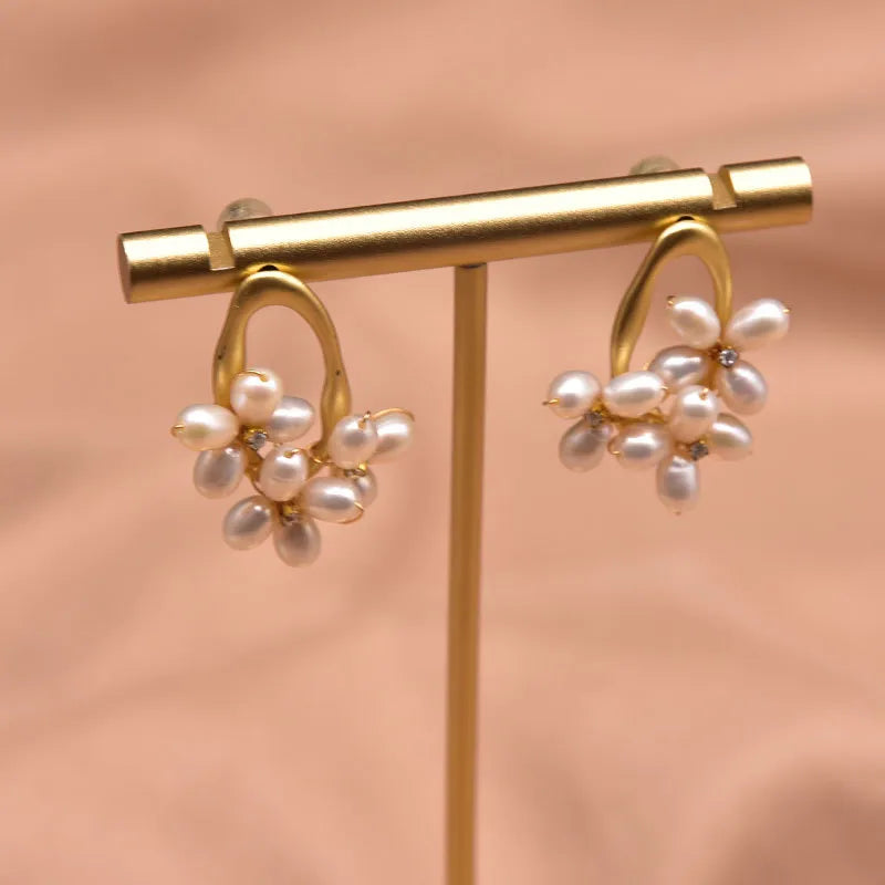 1 Pair 18K Gold Plated Freshwater Pearl Copper Zircon Flower Drop Earrings