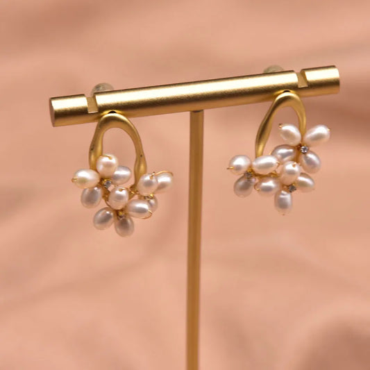 1 Pair 18K Gold Plated Freshwater Pearl Copper Zircon Flower Drop Earrings
