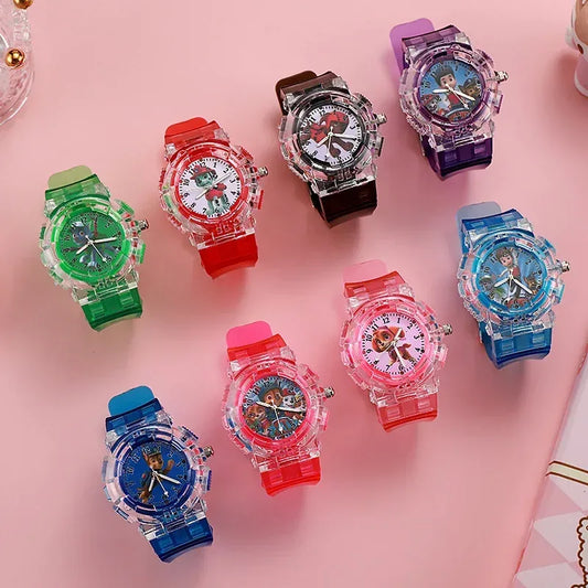 in stock Supply Children's Kindergarten Luminous Watch Wang Wang Team Colorful Flash Boys Quartz Wristwatch