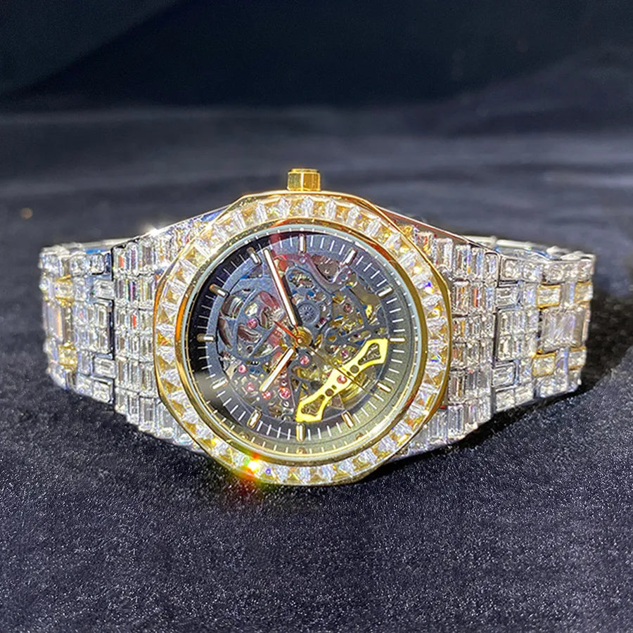 MISSFOX Watch  Explosions Hip-hop High-end All-Square Diamond Full Diamond Luminous Hollow Mechanical Watch Men's Wrist Watch