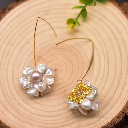 1 Pair 18K Gold Plated Freshwater Pearl Copper Zircon Flower Drop Earrings