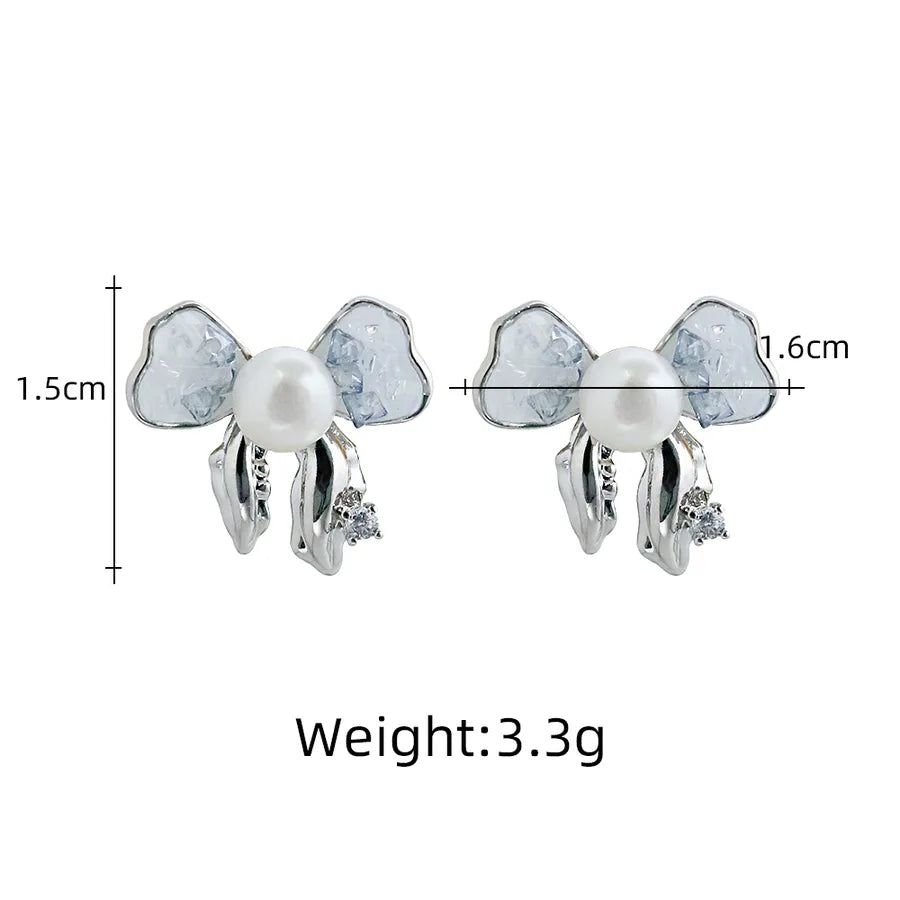 1 Pair Elegant Romantic Bow Knot Plating Inlay Copper Freshwater Pearl 18K Gold Plated Ear Studs