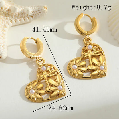 1 Pair Casual Elegant Cute Geometric Heart Shape Flower Plating Inlay 304 Stainless Steel Imitation Pearl 18K Gold Plated Earrings