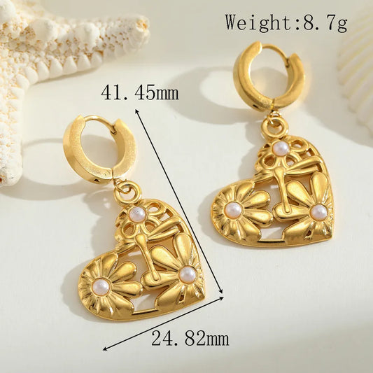 1 Pair Casual Elegant Cute Geometric Heart Shape Flower Plating Inlay 304 Stainless Steel Imitation Pearl 18K Gold Plated Earrings