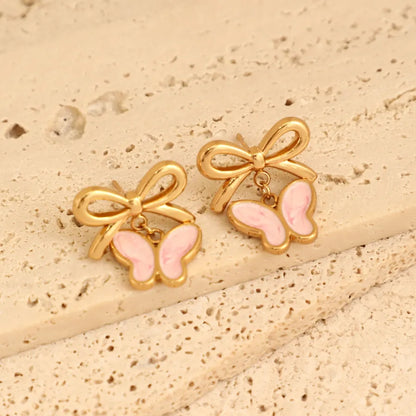 1 Pair Elegant French Style Sweet Heart Shape Bow Knot 304 Stainless Steel Ear Studs