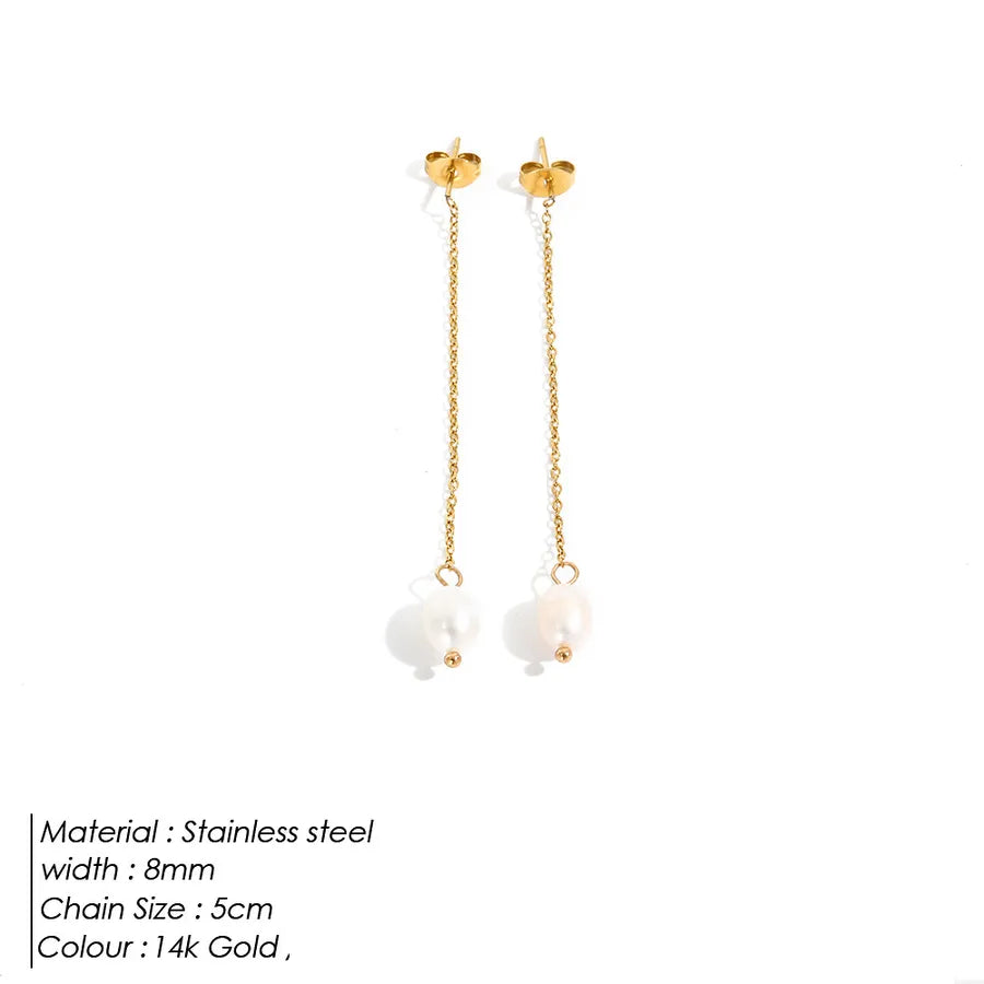 1 Pair 14K Gold Plated Freshwater Pearl Titanium Steel Pearl Geometric Drop Earrings Ear Studs