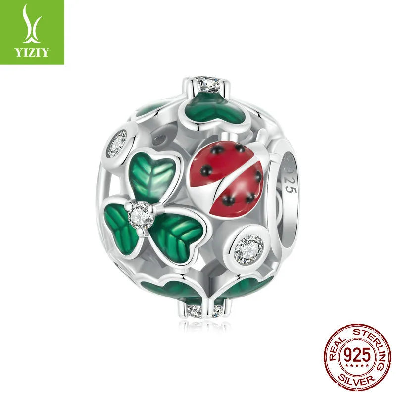 1 Piece 18 * 22mm Hole 4~4.9mm 925 Sterling Silver Zircon Four Leaf Clover Beetles Polished Pendant Beads Jewelry Accessories