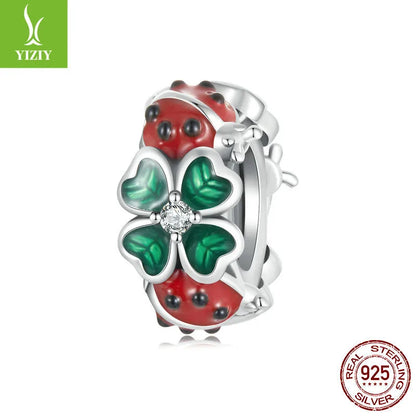 1 Piece 18 * 22mm Hole 4~4.9mm 925 Sterling Silver Zircon Four Leaf Clover Beetles Polished Pendant Beads Jewelry Accessories