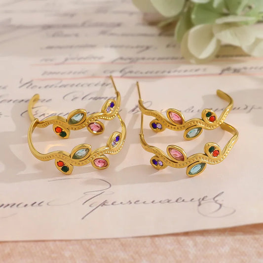 1 Pair Vacation Commute Leaves Polishing Inlay 304 Stainless Steel Zircon 18K Gold Plated Ear Studs