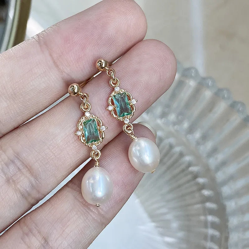 1 Pair 925 Sterling Silver Freshwater Pearl Gem Geometric Drop Earrings