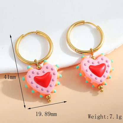 1 Pair Casual Cute Sweet Heart Shape Enamel Plating 304 Stainless Steel 18K Gold Plated Charm Sleeper Hoop Earrings