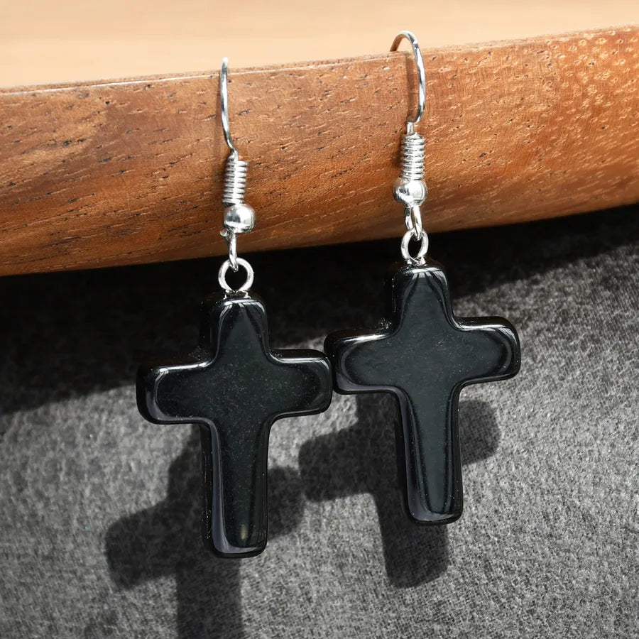 1 Pair Simple Style Cross Alloy natural stone Drop Earrings