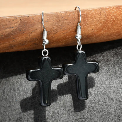 1 Pair Simple Style Cross Alloy natural stone Drop Earrings