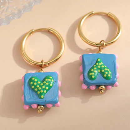1 Pair Casual Cute Sweet Square Heart Shape Enamel Plating 304 Stainless Steel 18K Gold Plated Drop Earrings Earrings